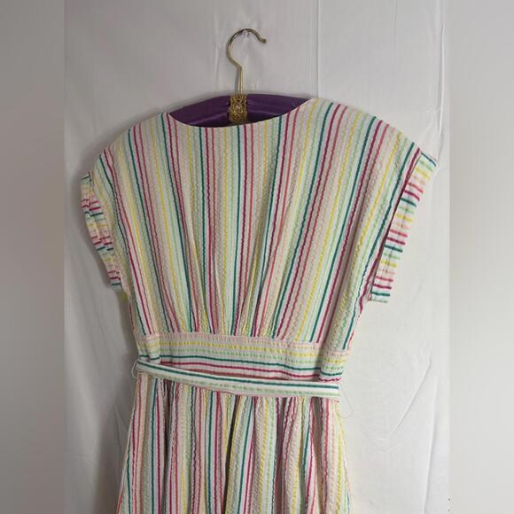 Pastel Striped Short Sleeve Textured Button Down+Tie Modest Femme Dress Size M - Picture 10 of 12